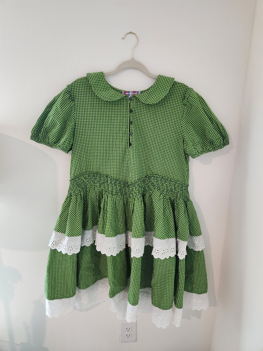 Green Gingham Oversized Lace-Trim Tiered Dress